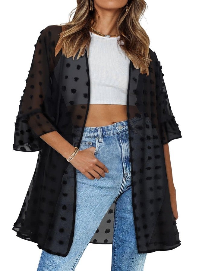 CHICGAL Kimonos for Women Summer Cardigan Tassel Poms Sheer Chiffon Loose Casual Beach Cover Ups (Black,3XL) - Image 1
